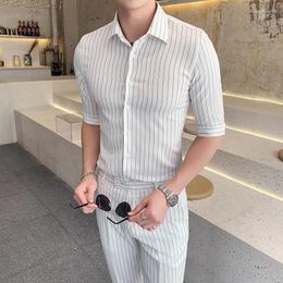 Men's Tracksuits 2 Piece 2023 High Quality Spring And Summer Business Fashion Casual Sets Striped Sleeve Shirt Cropped Pants