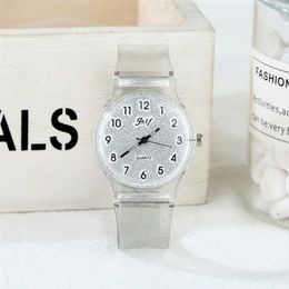 JHlF Brand Korean Fashion Promotion Quartz Ladies Watches Casual Personality Student Womens Watch White Transparent Plastic Band G297J