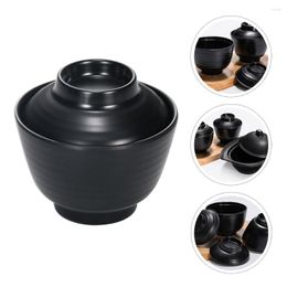 Dinnerware Sets Japanese Miso Soup Bowl Melamine Noodle Rice Bowls Lacquerware With Matching Lid ( Black )