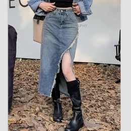 Skirts Vintage Denim Midi Women Casual High Waist Split Y2K Jeans Skirt Female Korea Streetwear Long 2023 Jupe Femme