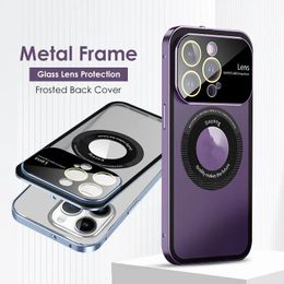 Luxury Metal Frame Magnet Phone Case For iPhone 15 14 13 12 Pro Max Aluminium Alloy Bumper Glass Lens Protection Frosted BackCover