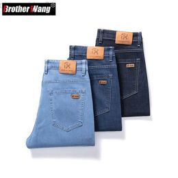 Men's Jeans Classic Style Autumn Men's Loose Straight Business Jeans Solid Colour Smooth Fabric Denim Stretch Pants Male Brand Clothes Blue L230724