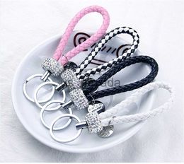 Keychains Lanyards Handmade PU Leather Rope Keychains Sparkling Crystal Key Chains For Women Men Girl Key Holder Car Bag Accessories Gift Keyring J230724