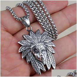 Pendant Necklaces Ethnic Indian Head Portrait Necklace Ancient Sier Stainless Steel For Women Men Hiphop Fine Fashion Jewelry Drop Del Dhsdd