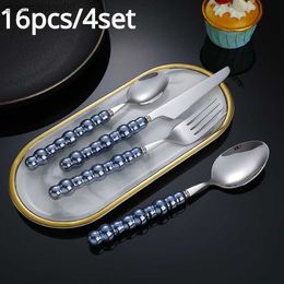 16pcs Pearl Ceramic Handle Spoon Fork High-Value 304 Stainless Steel Western Food Tableware Creative Steak Knife Fork Spoon Set L230704