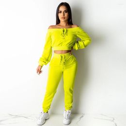 Women's Two Piece Pants BKLD Autumn Outfiits Women Sexy Off Shoulder 2 Sets Lace Up Bandage Long Sleeves Crop Tops And Pencil Tracksuits