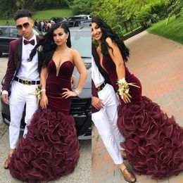 Burgundy Mermaid Prom Dresses 2019 Sweetheart Velvet Fitted Prom Gowns Floor Length Ruffled African Cocktail Party Gowns249C