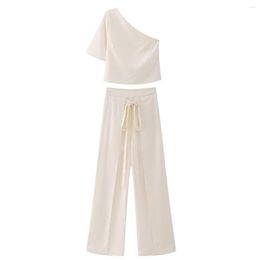 Women's Two Piece Pants Set Women 2 Pieces 2023 Fashion Summer One-shoulder Sleeve Tops Vintage Frenulum Wide-leg Female Chic