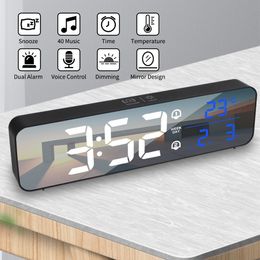 Desk Table Clocks With Voice Control Time Snooze Music LED Digital Alarm Clock Smart Temperature Date Display Electronic Desktop Mirror 230721