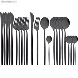 Drmfiy Matte Black Cutlery Tableware Set 24Pcs Dinnerware Set Stainless Steel Western Kitchen Knife Fork Tea Spoon Silverware L230704