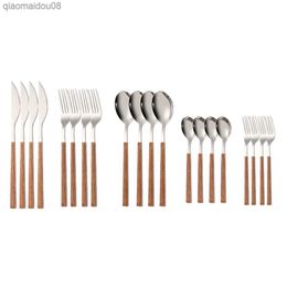 20pcs Stainless Steel Cutlery Set Dinnerware Imitation Wooden Handle Table Knife Fork Tea Spoon Travel Tableware Silverware Gift L230704
