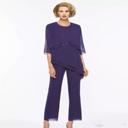 New Purple Mother Of The Bride Pant Suits With Jacket Cheap Chiffon Wedding Guest Dress Outfit Plus Size Garment Formal Evening Ju319c