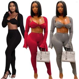 Women's Two Piece Pants Casual Solid Streetwear 3 Set Women Autumn Flare Sleeve Crop Top Suit Tracksuit Club Fall Clothes For