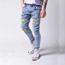 Men's Jeans Printing Skinny Ripped Jeans for Men Slim Stretch Fashion Streetwear Hip Hop Hole Patchwork Jeans Small Feet Denim Trousers L230724