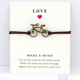 Charm Bracelets Bicycle Bike Card Antique Sier Bronze Jewelry Light Brown Blue Wax Cords Women Men Girl Boy Christmas Gift Drop Delive Dh7Uq