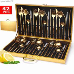 42PCS Tableware Set Gold Fork Spoon Knife Cutlery Set 18/10 Stainless Steel Dinner forks spoons knives Set Gold Box Dropshiping L230704