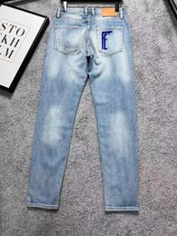 Designer Luxury Men's light jeans Long letter embroidery sewn tear Trend brand Motorcycle pants Slim fit pants