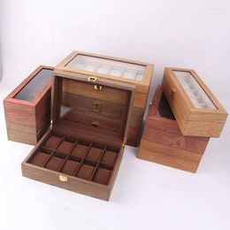 Watch Boxes 12 Slots Organizer 10 Grids Wood 6 Slot Glass Top Watches Holder Stand Case Jewelry Display Wooden Storage Gift Box