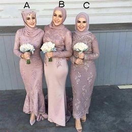 2020 High Quality Satin Long Sleeve Muslim Bridesmaid Dresses With Hijab Lace Applique Sheath Wedding Guests dama de honra adulto 308e