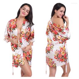 Women's Sleepwear Womens Printing Silk Satin Robe Nightwear Sexy V Neck Cardigan Bride Sleep Dresses Morning Home Clothes Ladies Lounge