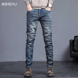 Men's Mens Jeans Autumn Winter Vintage Blue Solid Colour Elastic Classic Men Slim Fashion Denim Trousers Male 2738 221118 L230724