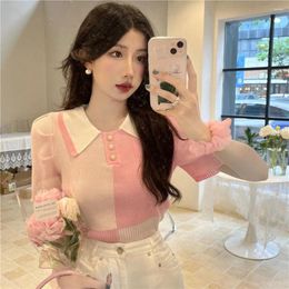 Women's Sweaters Spring Summer 2023 Contrasting Colours Knitwears Polo Collar Short Puff Sleeve Tops Korean Pink Sweet Knitted Crop Sweater