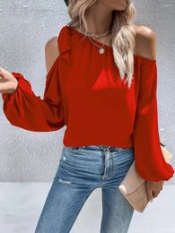 Women's Blouses Fashion Slash Neck Solid Red Blouse 2023 Autumn Chiffon Off Shoulder Lace Up Loose Style Commuter Top Roupas Femininas