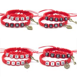 Charm Bracelets 2Pcs/Pair Artificial Couple Bling Red Beadeds King Queen With Key Lock Rope Chains Lovers Boyfriend Girlfriend Gifts D Dhozf