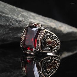 Wedding Rings Vintage Handmade Turkish Signle Ring For Men Women Ancient Silver Color Carved Inlay Red Zircon Punk Motor Biker