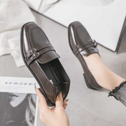 Dress Shoes spring autumn double leather belt loafers women square toe slip on loafers anti-slip lazy shoes female oxford flats big size 43 L230724