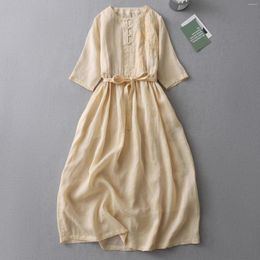 Casual Dresses Vintage Literary Women Clothes 2023 Summer Cotton Blended O-Neck Midi Embroidery Lace Up Ladies Party