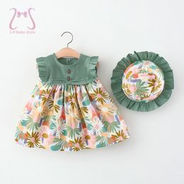 2pcs Baby Clothes Retro Flower Beach Dress For Girl Summer Sleeveless Cool Newborn Children Clothing Set 0 To 3 Years Kids + Hat