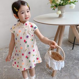 Children Girls Dress Summer Kids Cheongsam Dresses for Girls Flower Print Mesh Chinese Traditional Clothes Toddlers Vestidos