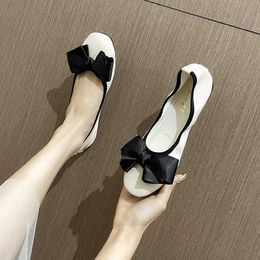 Dress Shoes casual design bowknot foldable flats women square toe soft leather ballerina shoes elastic band loafers size 43 women moccasins L230724