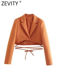 Women's Suits Blazers Zevity Women High Street Notched Collar Hem Lace Up Orange Short Blazer Coat Female Bow Tied Outerwear Chic Crop Tops CT101 L230724