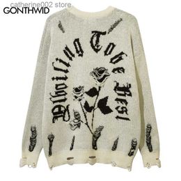 Men's Sweaters Men Sweater Y2K Grunge Vintage Ripped Destroyed Hole Jumpers Hip Hop Casual Knitted Flower Punk Gothic Loose Pullover Streetwear T230724