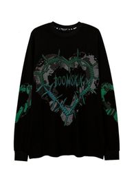 Women's T-Shirt HOUZHOU Gothic Punk Green Print Long Sleeve T-shirts Women Grunge Oversize Harajuku Streetwear Hippie O-neck Black Top Pullover 230721