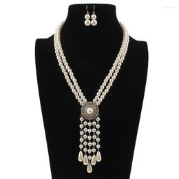 Necklace Earrings Set European And American Fashion Imitation Pearl Water Drop Pendant Tassel Double Layer Long Sweater Chain Jewelry