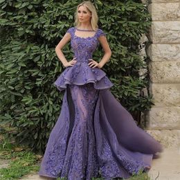 Lavender Mermaid Peplum Prom Dresses Sheer Bateau Neck Beaded Lace Evening Gowns Plus Size Overskirt Organza Formal Dress245H