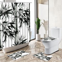 Shower Curtains Ink Painting Bamboo Leaf Waterproof Curtain Plant Landscape Non-Slip Rug Toilet Cover Bath Mat Chinese Bathroom Deco Set