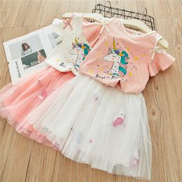 3-8T Girls Summer Princess Dress Set Children's Unicorn Off-Shoulder T-Shirt + Puffy Gauze Skirt 2Pcs Clothing Set Casual Dress