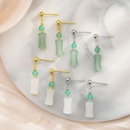 Chinese Style Bamboo Joint Hotan Jade Ear Hook Earrings for Women Girls Delicate Elegant Round Bead Bamboo Jade Dangle Earrings