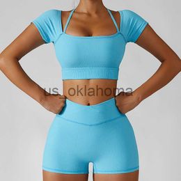 Yoga Outfit Ribbed Gym Set Top Women Summer Shorts Suit For Fitness Sports Bra Legging Yoga Set Tights Seamless Workout Sportwear Clothes J230725