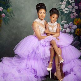 Purple High Low Girls Pageant Dresses High Neck Beading 3D Flower Layered Tulle Skirt Kids Birthday Party Dress 2020192T