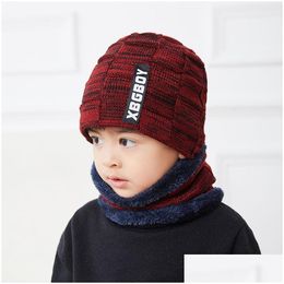 Hats Scarves Sets Winter Children Knitted Hat Ring Scarf Kids Warm Baby Plus Veet Thick Soft Cap Boys Girls Fleece Lining Beanies Dr Dhk25