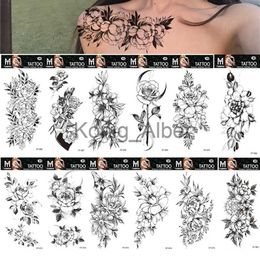 Temporary Tattoos 12 Sheets Health Beauty Black Flower Rose Temporary Tattoos Flash Art Body Arm Women Sleeve Waterproof Fake Tatoo Sticker x0724