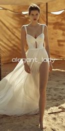 Plunging V neck Beach Wedding Dresses Thick Straps Sweetheart Hand-pleated Draped Silk Tulle Hot Weather Bridal Gown