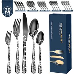 20Pcs Pattern Stainless Cutlery Set Stainless Steel Knife Fork Spoon Tableware Flatware Set Festival Kitchen Dinnerware Gift 24 L230704