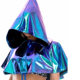 Metallic Shiny Hooded Cloak Christmas Halloween Party Sparkle Holographic Mini Hood Cape Gothic Cowl Hat Cosplay Accessory Women Men Gold Silver Blue Black Red Pink