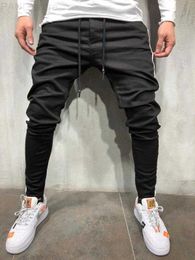 Men's Casual Sports Pants Men Side Seam Patchwork Jeans Pant Denim Fabric Solid Colour Trousers New Black Blue L230724